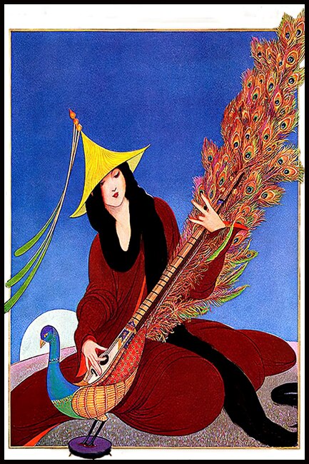 Affiche vintage vogue femme et paon