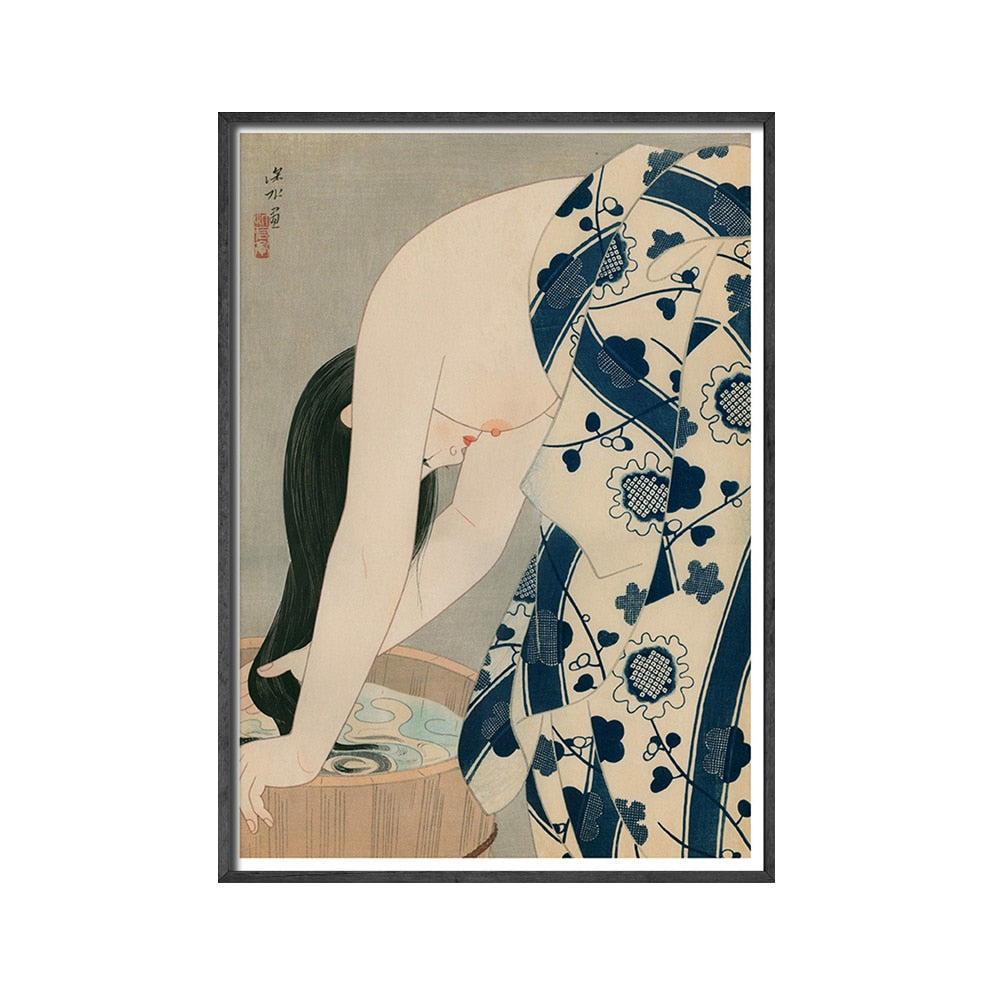 Tableau vintage japonais femme lave les cheveux