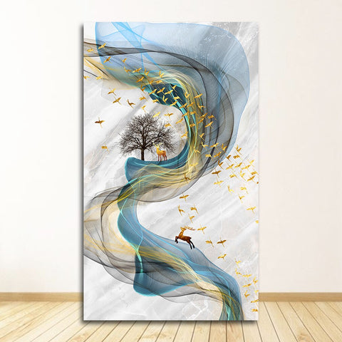 Tableau abstrait oiseaux en or