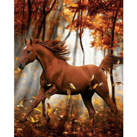 Tableau peinture cheval arbres rouges