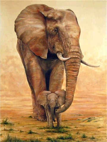 Tableau peinture réaliste éléphant et bébé