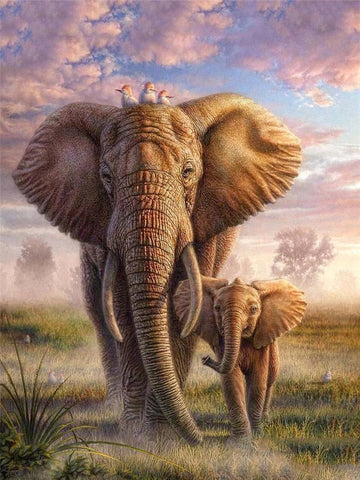Tableau peinture réaliste éléphant nuages roses